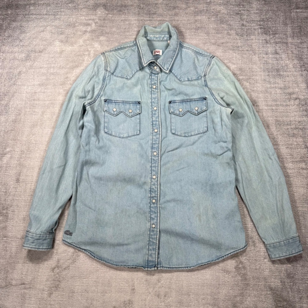 Lacoste L!VE Denim Shirt Womens Medium Light Blue Western Pearl Snap Long Sleeve